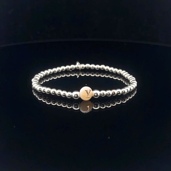 925 Sterling Silver Beaded Stretch Stacking Bracelet MOP Letter Initial Y - Picture 1 of 6